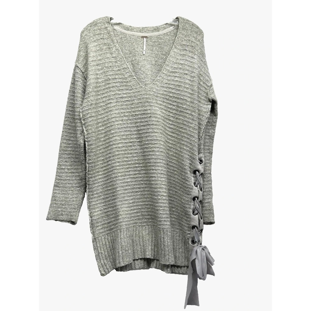 Free People Women's XS Grey V-Neck Cotton Blend Long Sweater (E2)